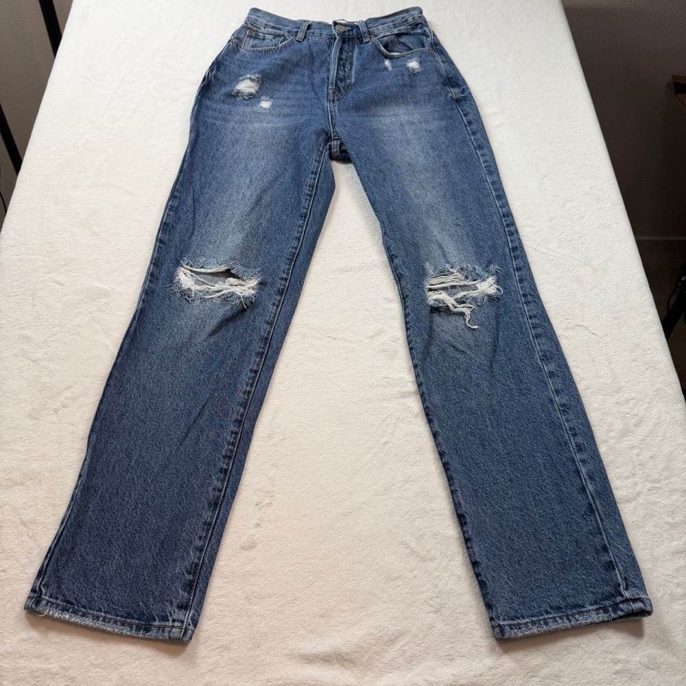 PacSun Dad Jean Womens 25 Blue Good Distressed High Rise Straight Leg Denim